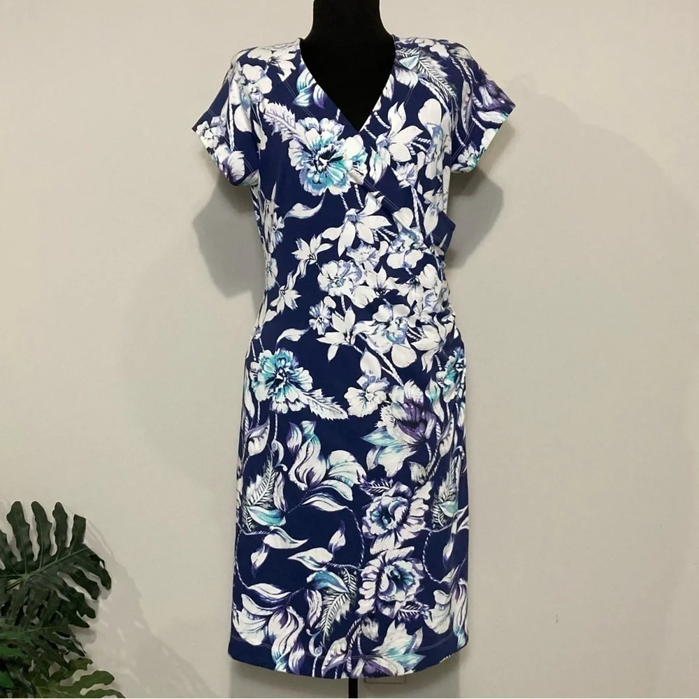 Soft Surroundings Women's Blue Floral Shapely Anywhere Faux Wrap Dress M